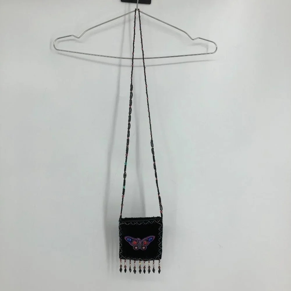 Velvet Black Beaded Colorful Butterfly Mini Cross-shoulder Pouch Y2K Retro - Picture 10 of 15